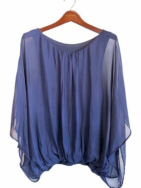 100%Silk batwing layered top, sleeveless lining, navy blue, sz M/L,Made in Italy